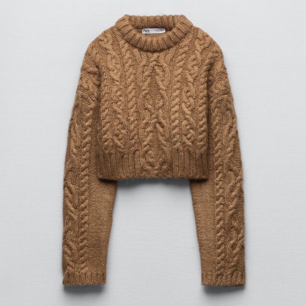 Zara Crop Cable Knit Sweater Taupe sz S